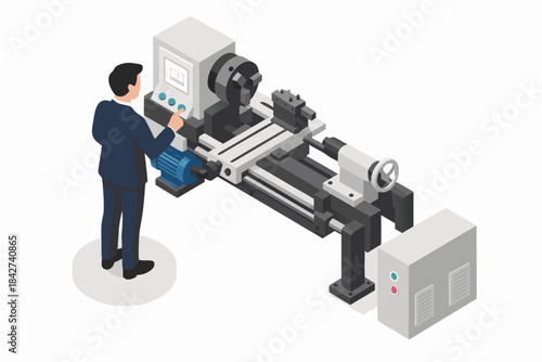 Engineer operating CNC machine with control panel in modern manufacturing facility
