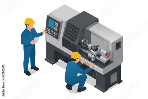 Technicians working on industrial machinery with digital controls