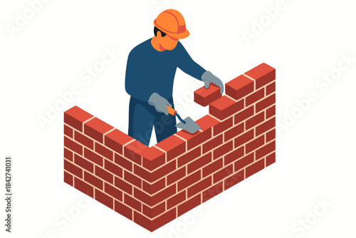 Construction worker building brick wall with trowel and hammer