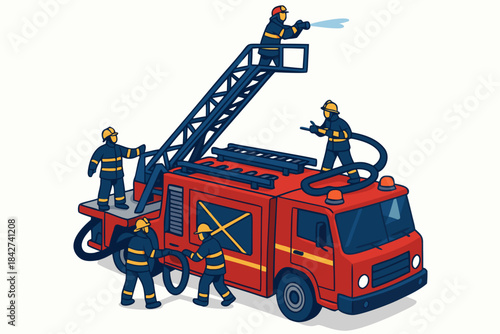 Firefighters operating a red fire truck with ladder extended