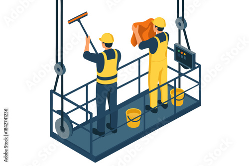 Two construction workers on a suspended platform working