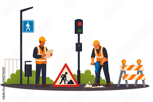 Construction workers at roadside with traffic signs and safety gear