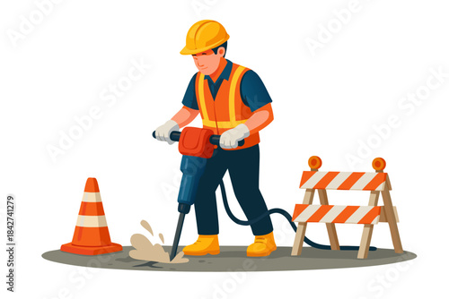 Construction worker operating jackhammer on roadwork site with safety gear