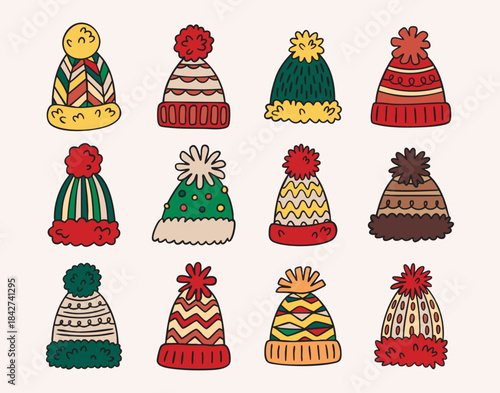 Winter hats with pom poms clipart set, cozy knitted beanies with patterns, festive collection, hand drawn.