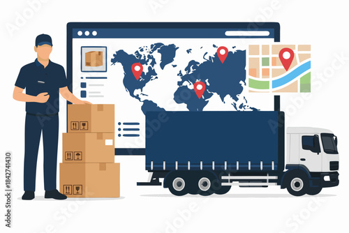 Delivery man standing beside truck with global delivery route map