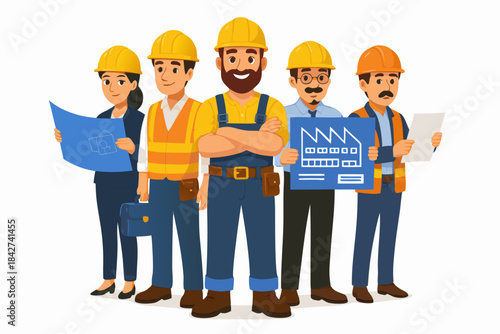 Diverse construction team standing together with blueprints