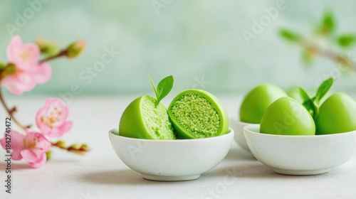 Japanese wagashi splits open to show rich matcha cream, celebrating the precision and art of traditional sweets