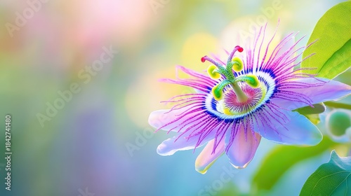 Intricate details of a passionflower bloom, vibrant purple filaments radiating from its core in abstract macro view