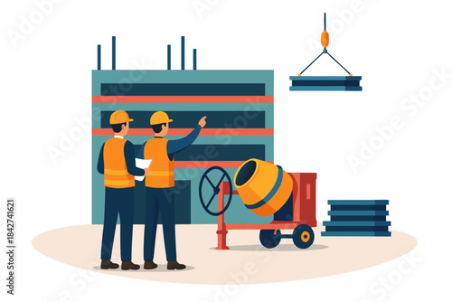 Construction workers building with concrete blocks and mixer