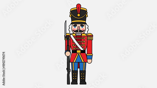 A cartoon illustration of a traditional nutcracker soldier in a red uniform holding a rifle, standing upright.