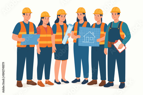 Construction team standing together with building plans and tools