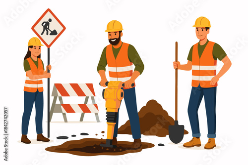 Construction workers repairing road with caution sign and barricade