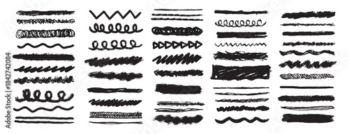 Chalk lines and squiggles, underlines hand drawn doodle thick line border, swoosh. Textured crayon brush scribble strokes