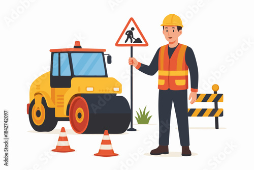 Construction worker directing traffic with road signs and cones