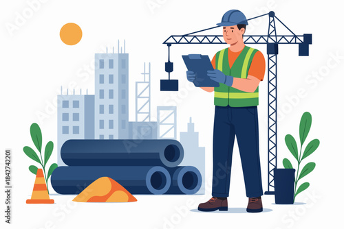 construction, worker, site, building, crane, pipes, tablet, hard hat, safety vest, orange cones, plants, cityscape, sun, industrial, architecture, engineering, infrastructure, development, growth, pro