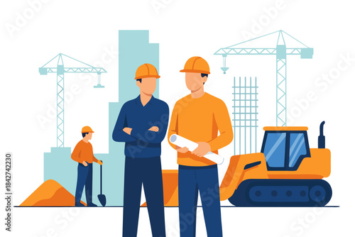 Construction workers in hard hats standing with heavy machinery and cityscape