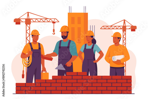 Construction workers building with brick and cranes in background