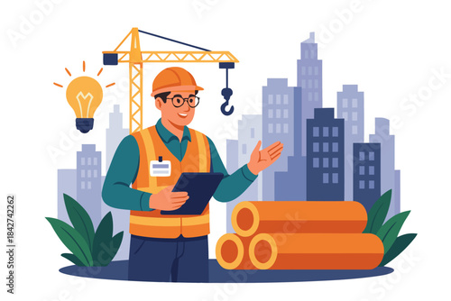 Construction worker with innovative ideas in a modern urban development site