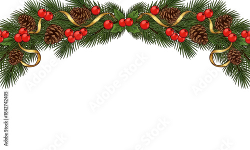 Christmas holiday border vector with pine branches : Green Branches, Red Berries, Pine Cones, Gold Ribbon, Holiday Garland Header