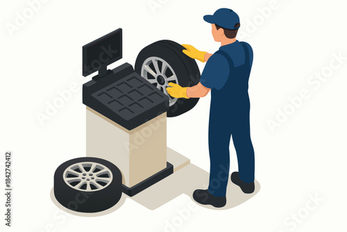 Mechanic changing tire on lift in garage workshop