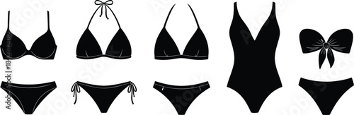 Collection of black women bikini and swimsuit silhouette icons set isolated on white background for summer beach fashion design