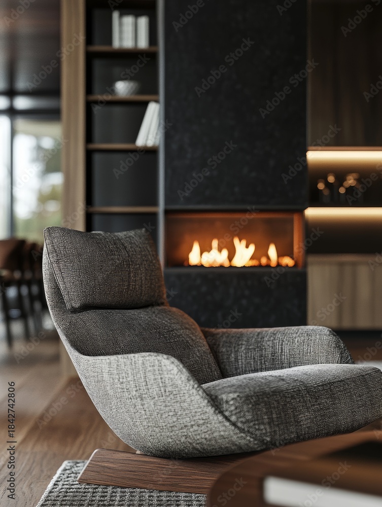 Obraz premium Stylish armchair by modern fireplace in contemporary living room setting.