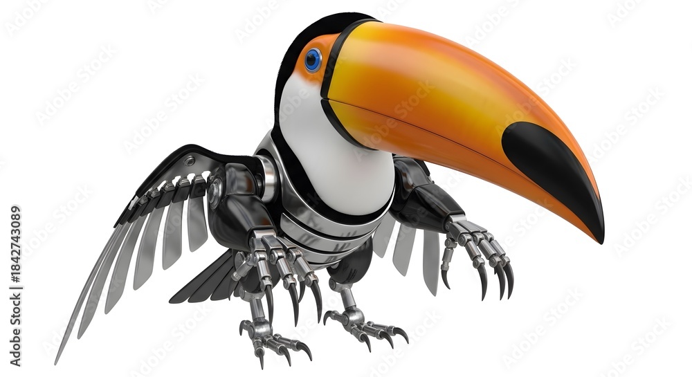 Fototapeta premium Rendering of futuristic robot toucan with orange beak on plain white background studio shot