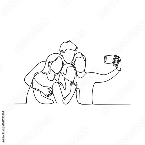 Minimalist continuous line art illustration of a happy group of four people taking a selfie