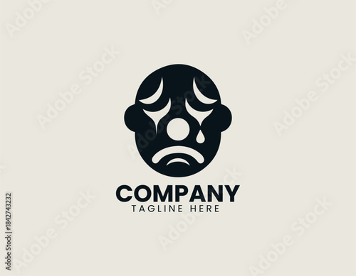Sad clown face with teardrop and expressive minimalist features in bold black vector logo illustration