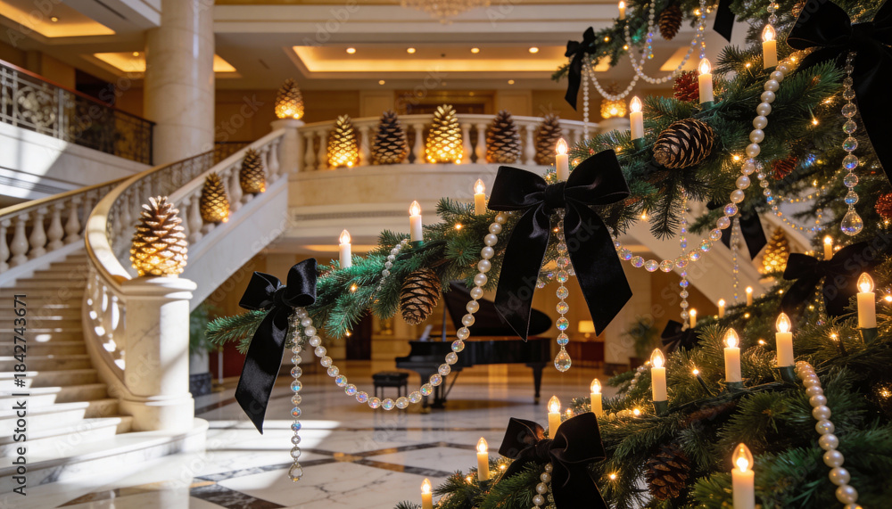 Naklejka premium Luxurious hotel lobby decorated for christmas with grand staircase, illuminated candles, pinecones, black bows, and festive garlands