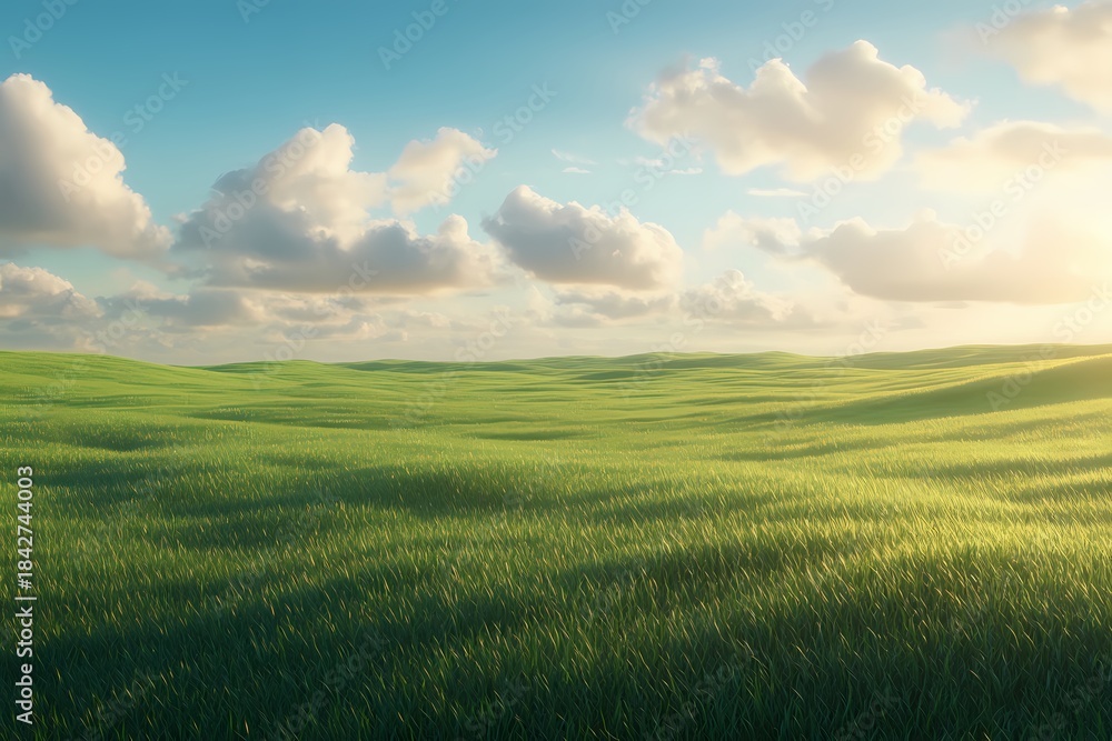 Obraz premium A vibrant green wheat field stretching into the distance under a clear blue sky . 