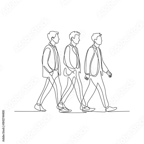 Minimalist continuous line drawing depicting three men walking side-by-side