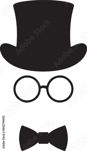 Vintage Gentleman Attire Silhouette – Top Hat, Glasses & Bow Tie