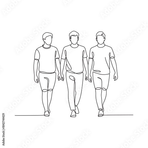 Continuous line art illustration of three men walking together in unison