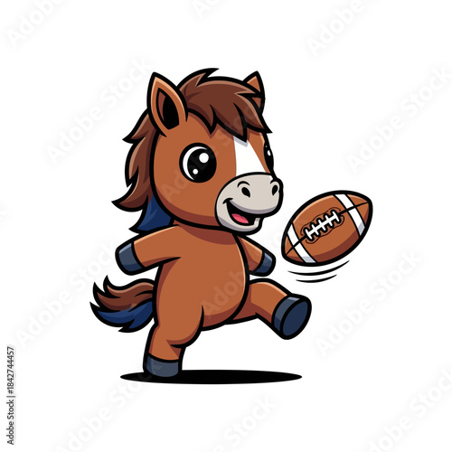 Cute cartoon horse playing American football with a smile.
