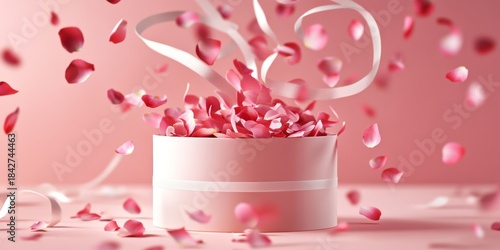 A pink ribbon is tied around a white cake. The ribbon is tied in a bow and is surrounded by pink petals