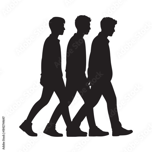 Three male figures walking in a line silhouette against a white background