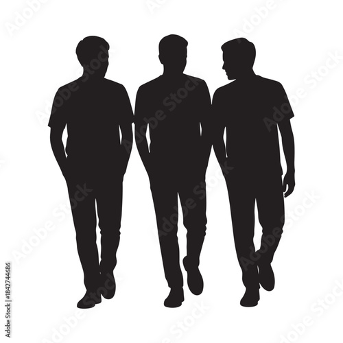 Three men walking together in silhouette vector form on a white background