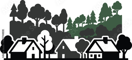 Stylized village with forest backdrop, black and white trees in foreground, green coniferous and deciduous background, nature illustration, rural scene
