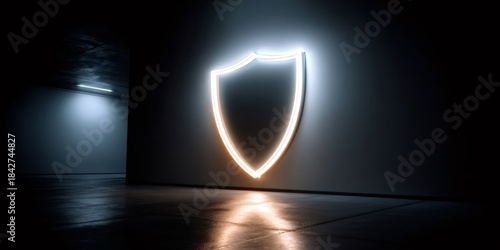 Fototapeta Naklejka Na Ścianę i Meble -  Neon shield symbol glowing in dark modern tunnel