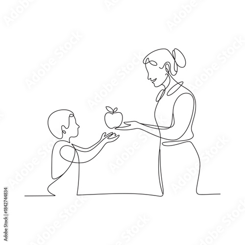 Woman offering an apple to a child, one line art drawing on white background