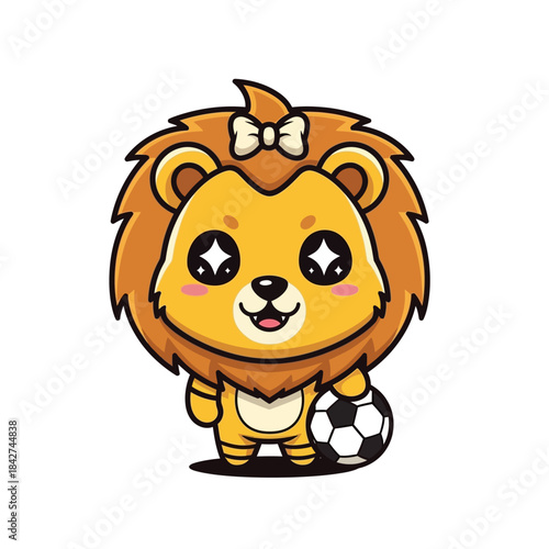 Cute cartoon lion cub holding a soccer ball with a happy expression.
