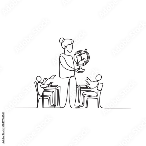 A teacher holding a globe while two students sit at desks learning in a classroom