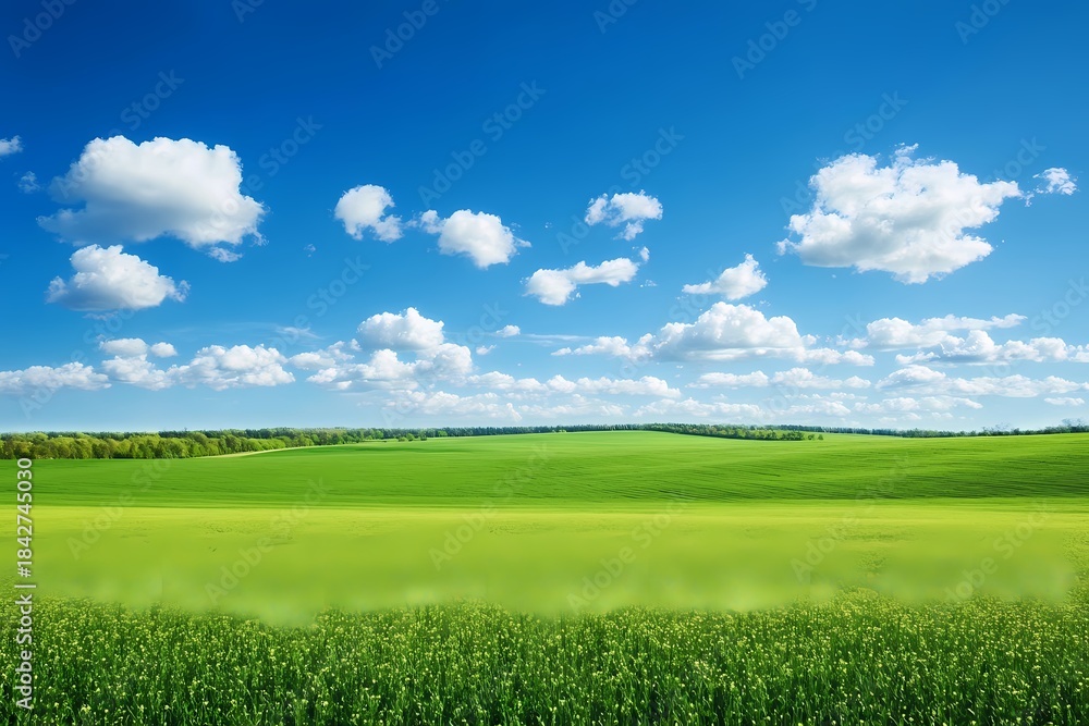 Obraz premium A vibrant green wheat field stretching into the distance under a clear blue sky .