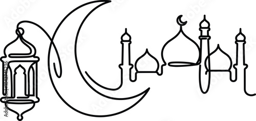 Minimalist Islamic line art with crescent moon, lantern, mosque domes and minarets, Ramadan Eid illustration, cultural religious design
