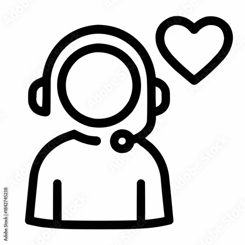 Line icon of a person with headset and heart — inclusive communication, black on white, square minimalist style