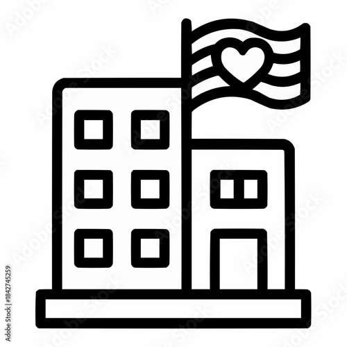 Line icon of a building with inclusive flag — inclusive workplace, black on white, square minimalist style