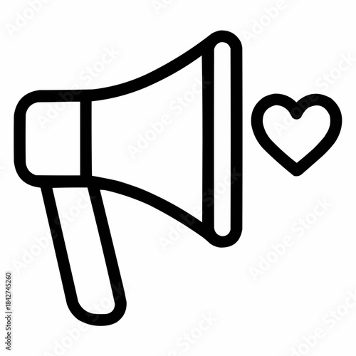 Line icon of a megaphone with heart — advocacy for inclusion, black on white, square minimalist style