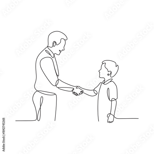 A continuous line art drawing of an adult and a child shaking hands, symbolizing trust and connection