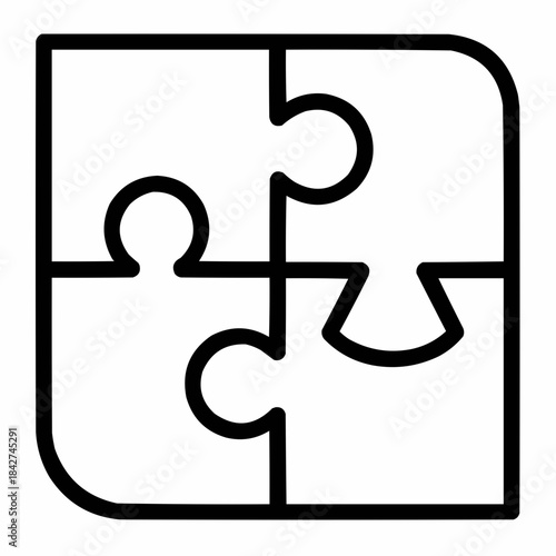 Line icon of a puzzle with different shapes fitting together — unity in difference, black on white, square minimalist style